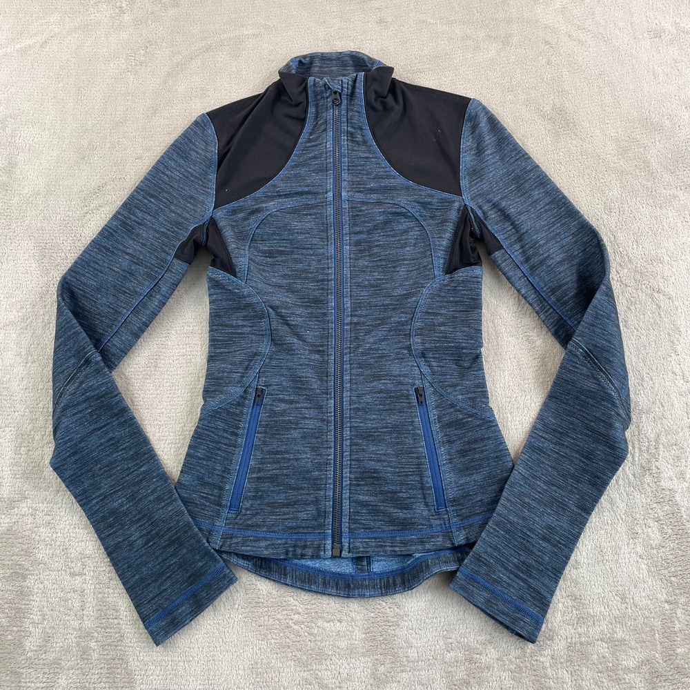 Lululemon Forme Jacket Women 2 Limitless Blue Slub Denim Full Zip Thumbholes Run
